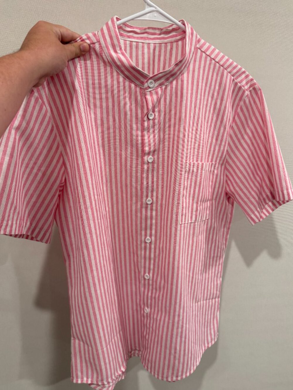 Men's Vertical Stripe Band Collar Short Sleeve Shirt